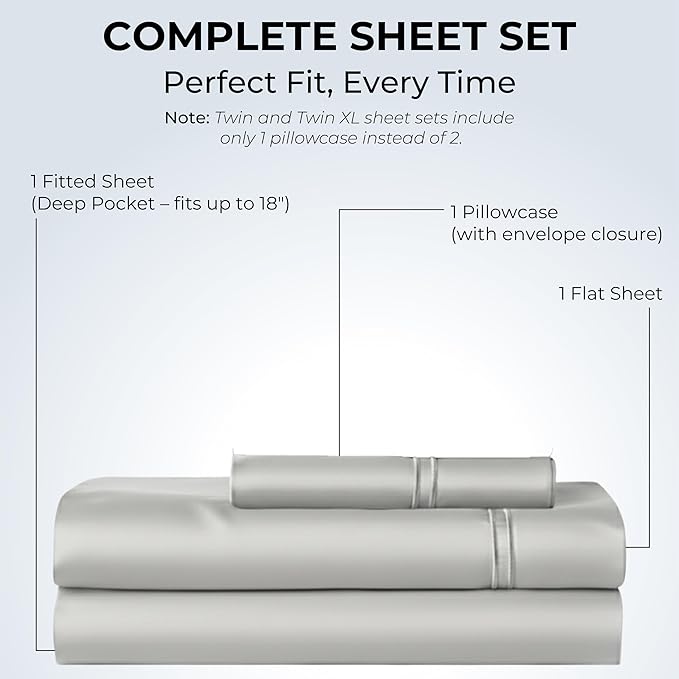 100% Natural Cotton Bed Sheets | 500 TC Single-Ply Sateen Weave Twin Sheets Set | Soft, Breathable, Hypoallergenic Solid 3-Piece Bedding with Deep Pocket Fitted, Flat, Pillowcase | Grey