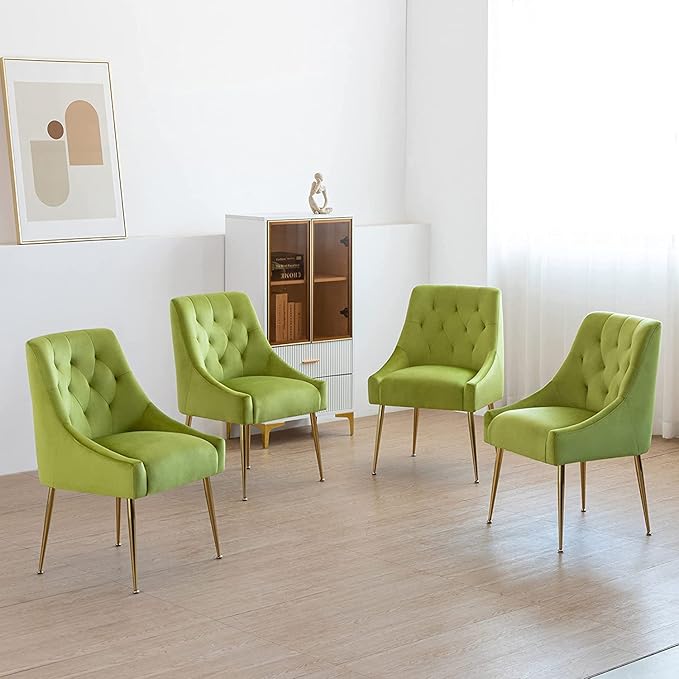 Modern Dining Chair Set of 6, Mid-Century Room Chair, Upholstered Comfortable Velvet with Back Pull Rod and Metal Legs for Kitchen, Living (Yellow-Green) (DYXSD)