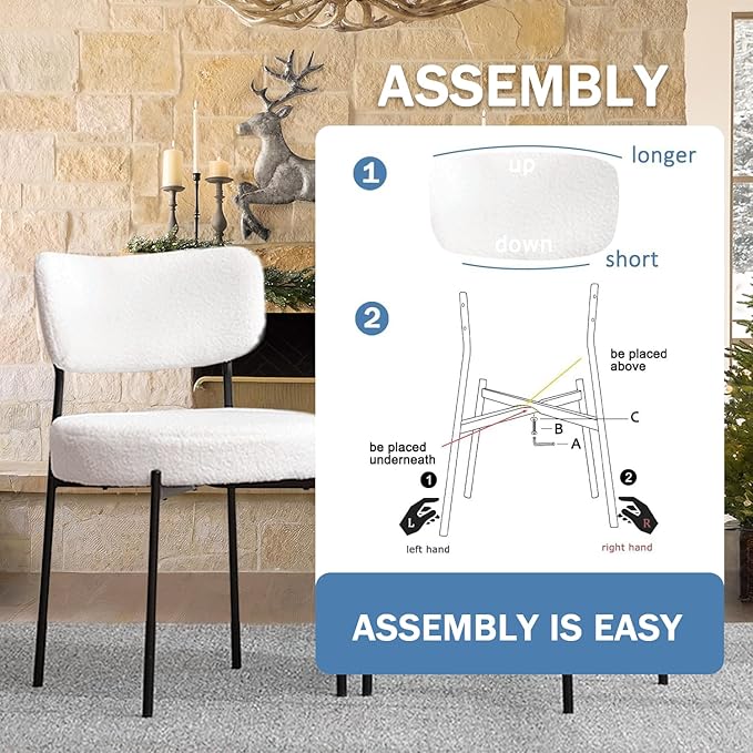 White Boucle Dining Chairs Set of 8, Upholstered Dinner Chair with Metal Frame, Dining Room Chairs with Padded Seat, Round Modern Seating for Living Room