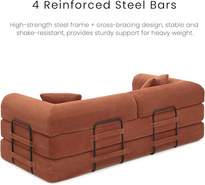 Compression Sofa - 79'' Convertible Sofa Bed, Boneless Couch in a Box, Modular Corduroy Foldable Sleeper Sofa with 2 Pillows, Loveseat Couches for Living Room (Corduroy Fabric, Orange)