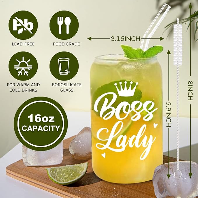 Boss Lady Gifts for Women, Gifts for Boss Female, 16oz Glass Coffee Cup, Boss lady Nutrition Cup,Thank You Appreciation Gift for Coworker Friend, Birthday Gift for Boss Lady Leader