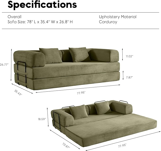Convertible Folding Couch Bed, Comfy Corduroy Sleeper Floor Sofa Bed with Fixed-Shape Frame, Floor Sofa with Armrest, Lounge Couch for Living Room Bedroom Lounge Studio, Green