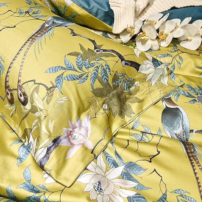 Birds Floral Duvet Cover Set Full Size Flower Bird Pattern Boho Duvet Cover Cotton Vintage Floral Bedding Set Garden Style Gold Yellow Comforter Cover Farmhouse Bedding Cover with 2 Pillowcases