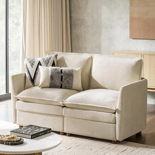 HULALA HOME 68'' Loveseat Sofa with Dual-Layered Cushions, 2 Seater Sofa with Storage Ottoman and Removable Cover, Modern Deep Seat Cloud Couch for Living Room, Beige