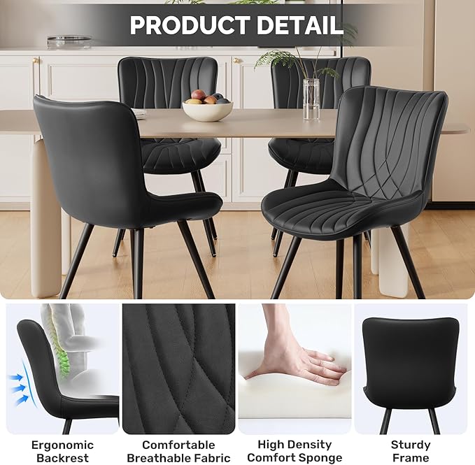 Dining Chair Set of 6 PU Leather Dining Room Chairs Upholstered Comfy Dining Chairs Modern Kitchen Armless Side Chair with Sturdy Metal Legs,Black