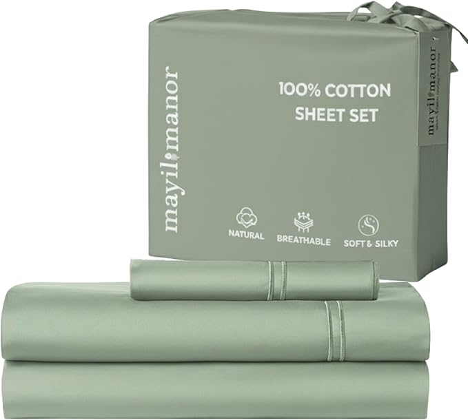 100% Natural Cotton Bed Sheets | 500 TC Single-Ply Sateen Weave Twin XL Sheets | Soft, Breathable, Hypoallergenic Solid 3-Piece Bedding with Deep Pocket Fitted, Flat, Pillowcase | Sage