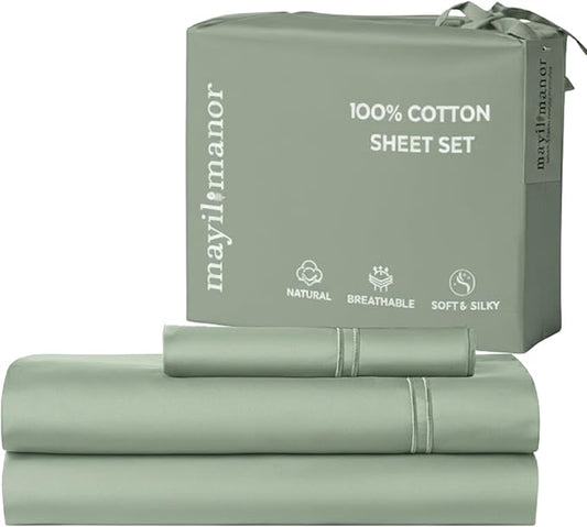 100% Natural Cotton Bed Sheets | 500 TC Single-Ply Sateen Weave Twin XL Sheets | Soft, Breathable, Hypoallergenic Solid 3-Piece Bedding with Deep Pocket Fitted, Flat, Pillowcase | Sage