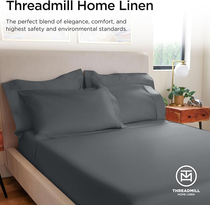Threadmill 100% Cotton Sheets for Twin XL Size Bed - 600 Thread Count Twin XL Bed Sheets Set with 15” Deep Pocket - Sateen Weave 3-Piece Bedding Set with Cooling Effect, Dark Grey