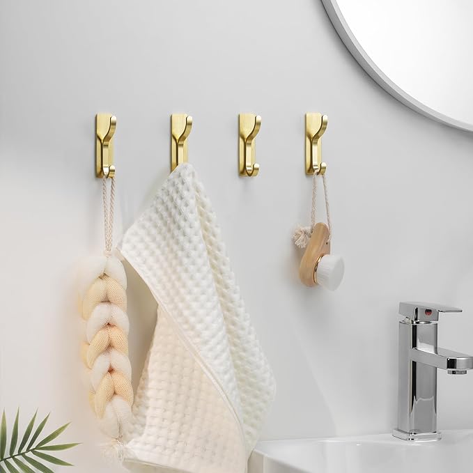pickpiff 10-Pack Adhesive Wall Coat Hooks - Heavy Duty Stick-On Door Hanger, Metal Hook for Hanging Towel,Purse, Robe, Backpack, Jacket, Clothes - for Bathroom,Dorm, Closet, Kitchen - Brushed Gold