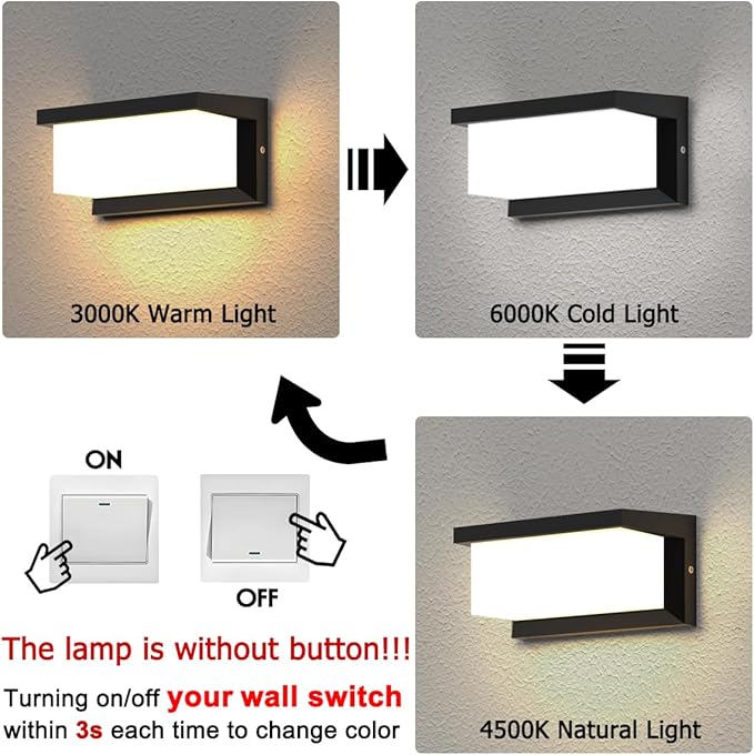 Sytmhoe Exterior Light Fixture,2Packs Outdoor Wall Light Fixture,LED Wall Sconce 3-Color-Changeable Wall Mounted Lamps,Matte Black Porch&Patio Light Outdoor,IP65 Waterproof for Hallway Stairs Gardens