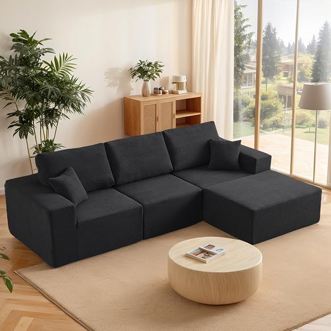 INGEROOM 108" Cloud Sectional Couch with Chaise, Modular L-Shaped Sofa Deep Seat Comfy Corduroy Memory Foam Couch for Living Room Bedroom, No Assembly Required, Black