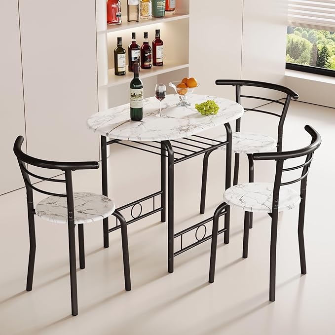 JUMMICO 3-Piece Wooden Round Table & Chair Set, Space Saving Kitchen Breakfast Nook Wood Grain Tabletop with Metal Frame and Built-in Wine Rack for Kitchen, Dining Room (White/Black)