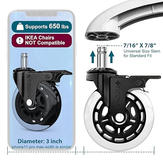 TICONN Office Chair Caster Wheels Set of 5 for Tile, Hardwood Floors and Carpets, Universal Fit for Most Chairs (Transparent with Brake)