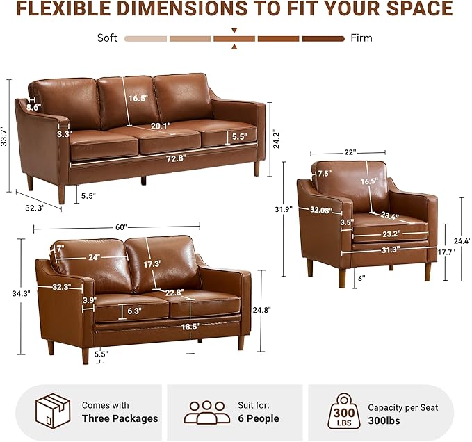 Kingfun Living Room Furniture Sets, 3 Seater Couch, Armchair and Loveseat, Mid Century Modern Sofa Set, Faux Leather Couch with Solid Wood Frame for Living Room & Bedroom, Dark Brown