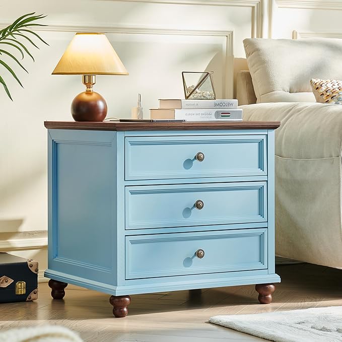 Farmhouse Furniture Sets, 24" Wide Farmhouse Nightstand Set of 2, 37" Tall Rustic Chests of Drawers w/ 4 Solid Wood Feet for Bedroom, LightBlue