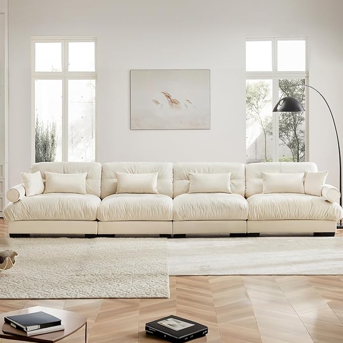 166" Oversized Couch, 4 Seater Modular Sectional Sofa, Beige White Large Sectional Couches for Living Room, Fluffy Couch Set, 4 Seater Velvet Cloud Couches with 6 Pillows, Deep Seat for Living Room