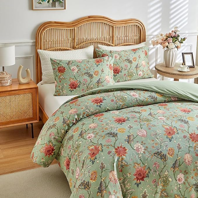 EAVD Vintage Garden Floral Comforter Set Twin XL Green Soft Microfiber Chic Vibrant Floral Bedding Comforter Set 1 Twin XL Bed Comforter and 2 Pillowcases Fresh Botanical Comforter Set for All-Season