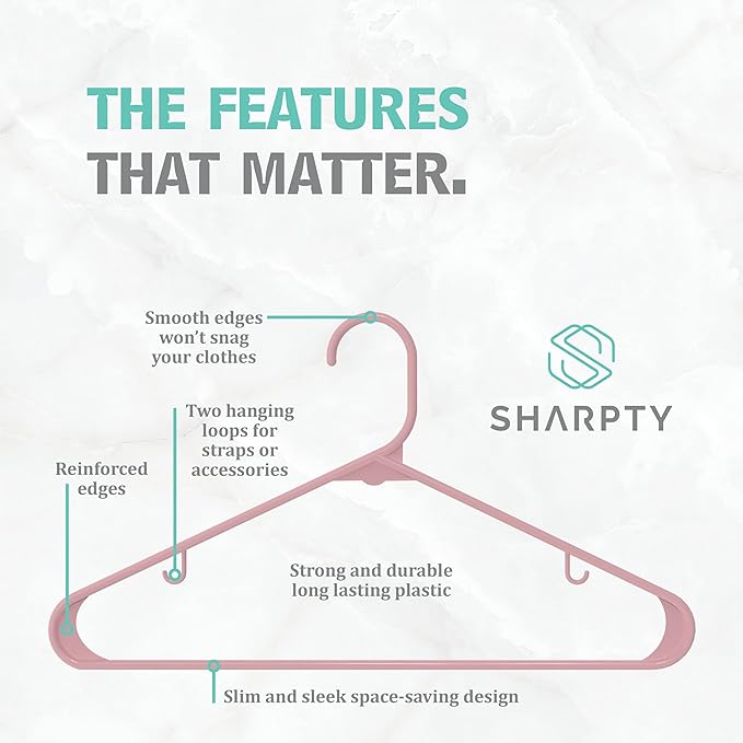 Sharpty Plastic Hangers Clothes Hangers for Clothing, Closet, Coats & Shirts - Durable, Thick, Tough & Space Saving - for Everyday Standard Use, Room Essentials & Basics - 60 Pack - Pink