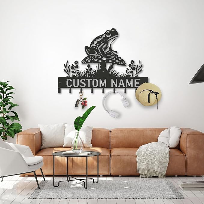 Custom Frog Key Holder for Wall Entryway, Personalized Metal Name Sign with Hooks Coat Rack & Dog Leash Holder, Decorative Wall Hanger Organizer (Style-4)