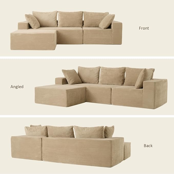 INGEROOM 108" Cloud Sectional Couch with L-Shape Chaise, Modular Sofa Memory Foam, Boneless Sofa with Movable Ottoman, Plush Corduroy Memory Foam Couch for Living Room, No Assembly, Beige Taupe