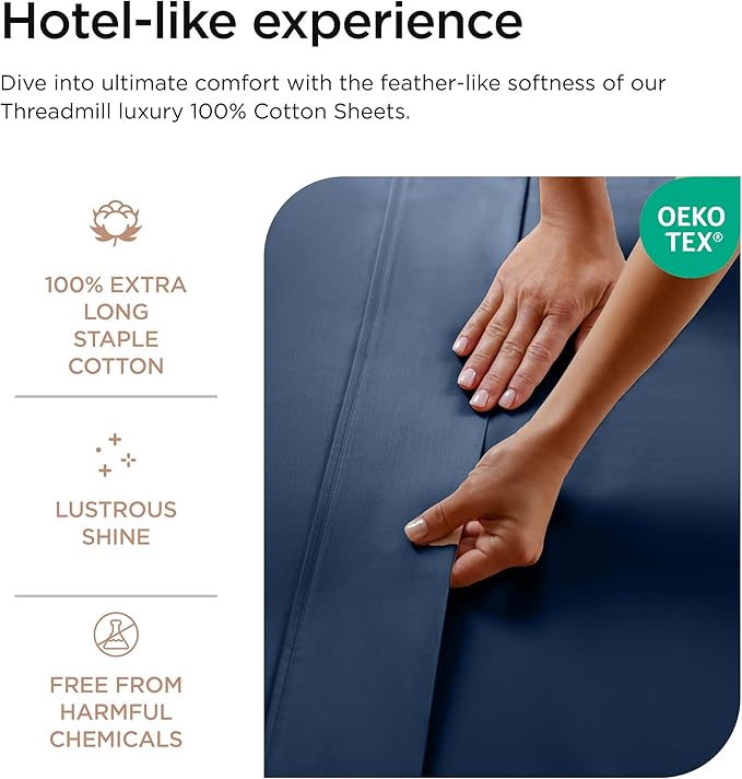 Threadmill Luxury 800 Thread Count Queen 100% Cotton Sheets - Folkstone Blue Sateen Weave Bed-Sheets, Better Than Egyptian Cotton,4 Pc Solid Soft Bed Set, Fits 16" Deep Pocket