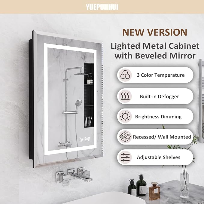 20X30 Inch Recessed Lighted Medicine Cabinet with Mirror, Adjustable 3-Color LED Mirrored Medicine Cabinet with Brightness Dimming, Defogger, Bathroom Mirror with Storage