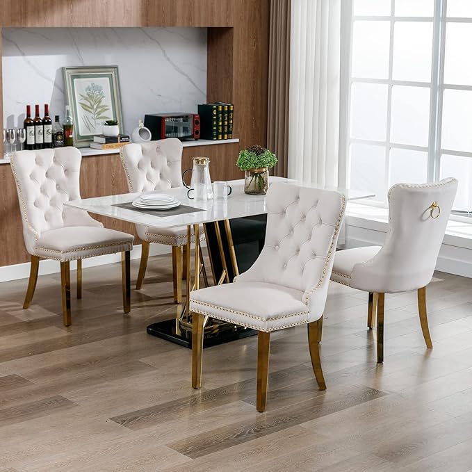 Luxury Upholstered Dining Chairs Set of 2, Beige Kitchen Chair with Golden Metal Legs, Velvet Tufted Back Dining Chair, Sillas de Comedor, Modern Kitchen & Dining Room Chairs (Beige, 2 Pcs)