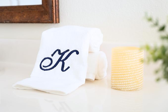 White Monogrammed Hand Towels for Bathroom - Luxury Hotel Quality Personalized Initial Embroidered Towel for Powder Room, Spa - GOTS Organic Certified - Set of 2 Navy Letter K
