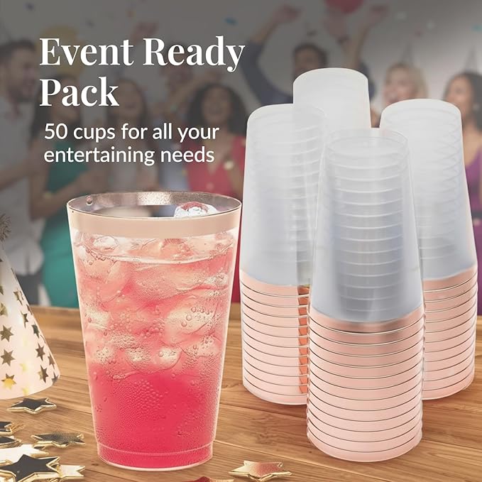 50 Pack Disposable Plastic Cups by Prestee - 14 oz Rose Gold Rimmed Plastic Wine Glasses - Heavy Duty, Pink Rim Cup - Disposable Party Cups and Fancy Wedding Tumbler - Elegant Decoration Cup for Party