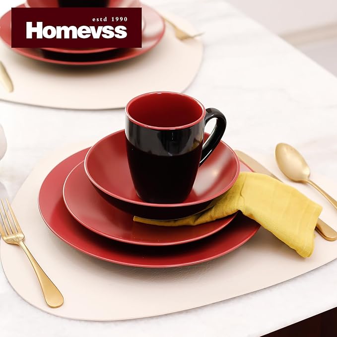 Colors Life 16pc Dinnerware Set，Shiny Black and Matte Berry