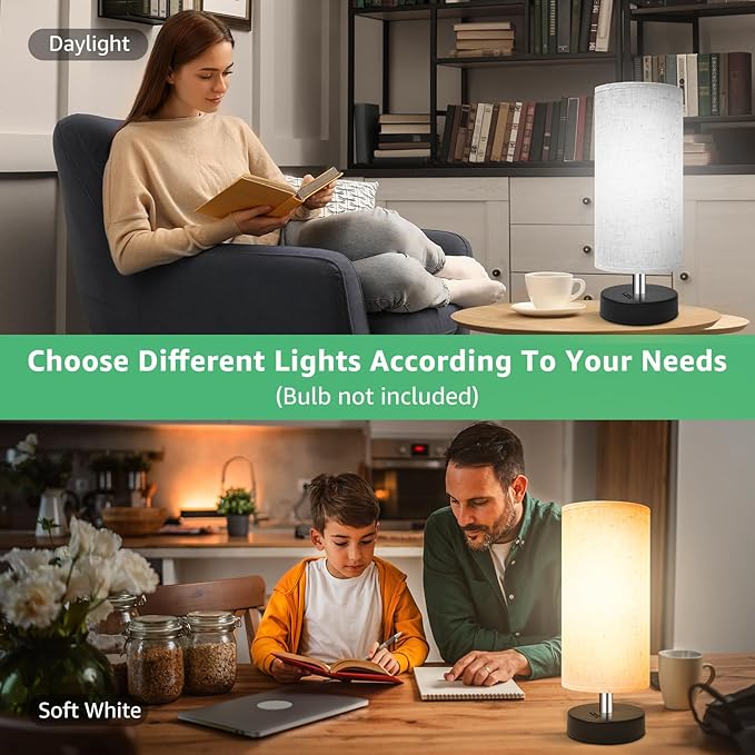 Small Lamp for Bedroom, Bedside Lamps for Night Stands, Mini Minimalist Table Lamp with Round Flaxen Fabric Shade, 11.8 Inch Desk Reading Lamp for Dorm Room Living Room Office Room, 2 Pack