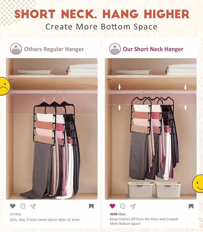 Pants Hangers Space Saving,3 Pack Velvet Short Neck Pants Hangers,5 Tier Space Saving Velvet Hanger,Closet Organizers and Storage Dorm Room Essentials for College Students Girls Guys Holds Pant,Jean