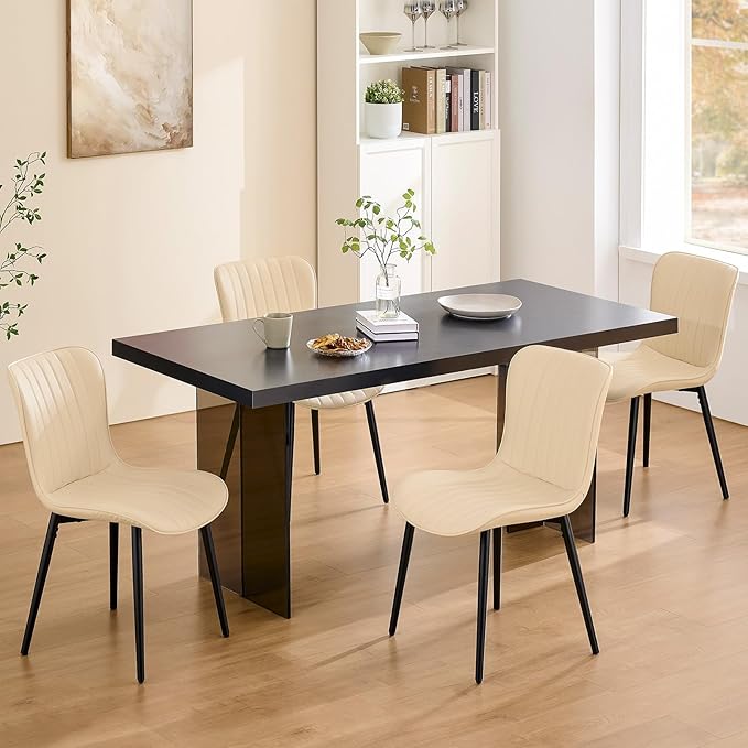 Modern Dining Chairs Set, Heavy Duty Upholstered Side Chairs with Faux Leather, Comfortable Cushions & Durable Metal Legs with Adjustable Feet, Perfect for Kitchen, Dining Room (Beige, Set of 4)