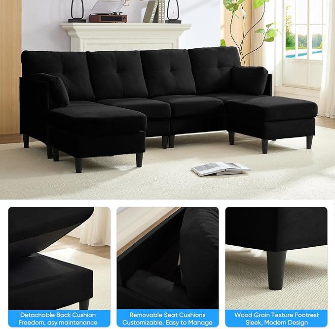 PUREMIND Sectional Couches for Living Room, Modern Snow Velvet U-Shaped Sofa Couch with Double Chaise, Upholstered 4 Seater Home Sofa for Living Room, Apartment, Office, Black
