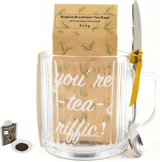 Large Ribbed Glass Coffee Mugs You're Tea Riffic Funy Clear Insulated Glass Cup with Handle & Spoon, 16 OZ Transparent Ribbed Tea Cup with English Breakfast Tea Set as Gift for Women