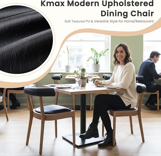 Kmax Dining Room Chairs Mid-Century Modern Leather Kitchen Chairs with Natural Walnut Finished Frame, PU Curved Back, 2-Pcs Set, PU Black
