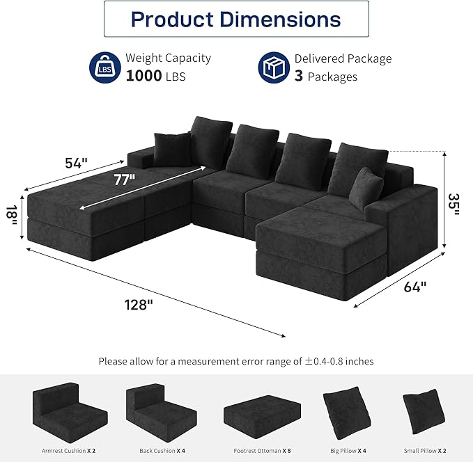 Living&Giving 128" U-Shaped Cloud Sectional Couch for Living Room, Cloud Boneless Couch-No Assembly with Reversible Chaise, Customizable 4-Seat Modular Sectional Sofa with 3 Ottoman, Black