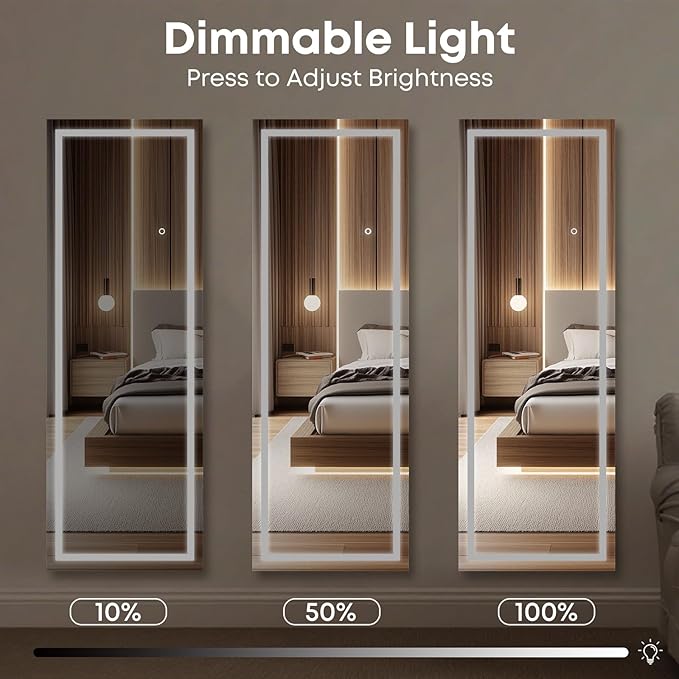Kosmonia 71x28 Frameless Full Length Mirror, Dimmable 3 Color LED Light w/Memory Function, Distortion Free, HD Reflection & Anti Desilvering, Tempered Glass & Shatter Proof Film Doubling Safety