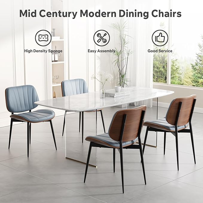 Dining Chair, Mid Century Modern Dining Room Chairs, Upholstered Faux Leather Kitchen Chairs with Walnut Bentwood Back and Metal Legs for Kitchen Dining Room Living Room, Blue
