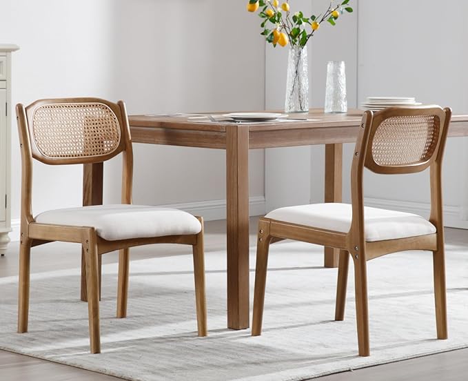 EALSON Farmhouse Rattan Dining Chairs Set of 6 Modern Mid Century Wood Dining Room Chairs with Cane Back Upholstered Linen Kitchen Side Chairs for Living Dining Room,Beige
