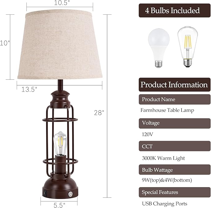 28" Table Lamps for Living Room Set of 2,3 Way Dimmable Touch Lamps with USB A+C Ports,Farmhouse Table Lamps for Bedroom,Industrial Lamp for Living Room End Tables,4 Bulbs Included