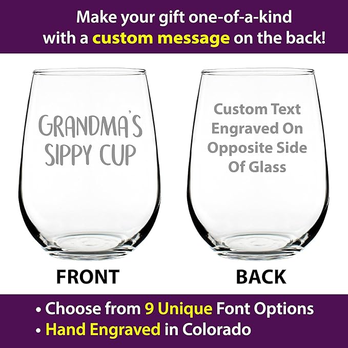 Custom Grandma's Sippy Cup - Stemless Wine Glass Gift with Personalized Engraved Message - Cute Birthday Glasses Gifts for Grandma