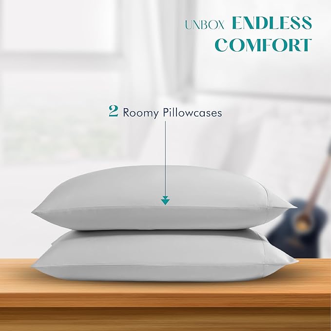 XOOX Linen 100% Egyptian Cotton Pillow Cases King Size Set of 2 - Luxury 1200 Thread Count Sateen Light Grey Pillow Covers, Soft & Breathable 5 Star Hotel-Quality Pillowcases, Fits King Size Pillows