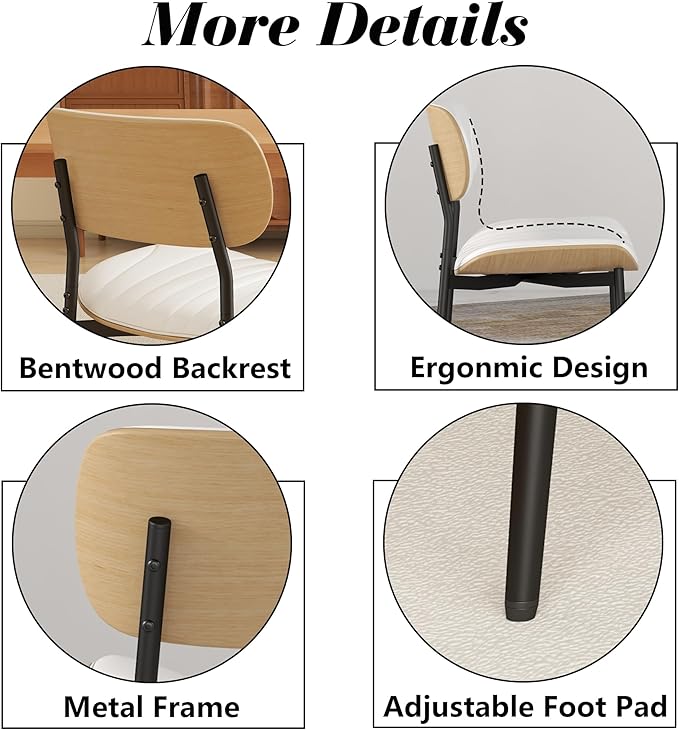 Modern PU Leather Dining Room Chairs Set of 4, Upholstered Kitchen Chairs with Curved Wood Backrest and Metal Legs Adjustable Feet for Kitchen Dining Room(White)