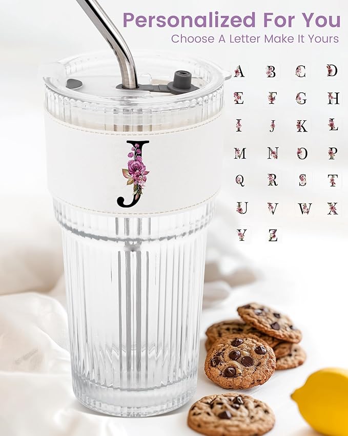 Letter Glass Cup with Lid Straw Ribbed Ice Tea Coffee Matcha Latte Clear Tumbler Cute Stuff Brides Wedding Her Day Bridal Shower Bachelorette Personalized Customized Gift Party Engaged Engagement J