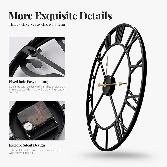 Cuspin Large Wall Clock for Living Room Mantel Decor, 36 Inch Wall Clock Battery Operated, Metal Round Roman Numeral Big Black Clock for Bedroom, Home, Kitchen, Office, Wall Decor