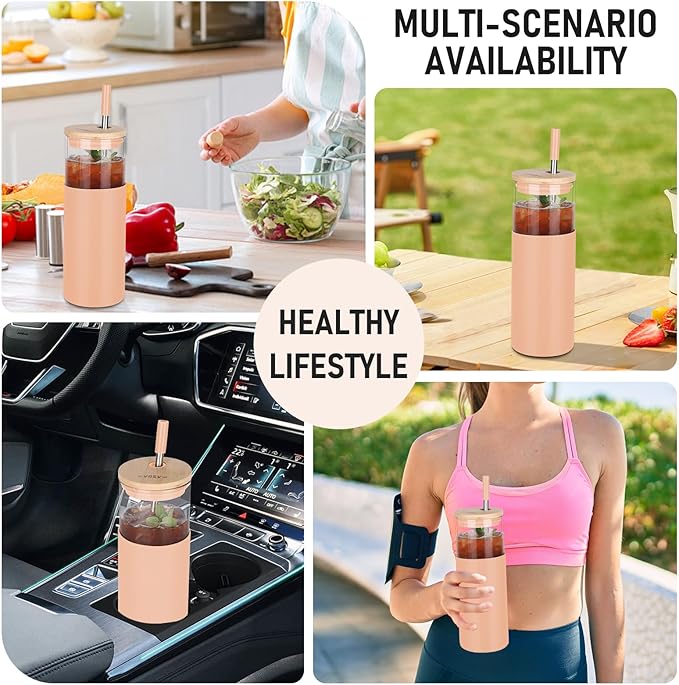 Glass Tumbler w/Lids & Straw - 24oz Reusable Mug w/Bamboo Lid & Stainless Steel Straw - BPA-Free, Leak-Proof, Dishwasher Safe for Coffee, Smoothies, Hot Beverages, Travel, Office, Home Use，4-PK