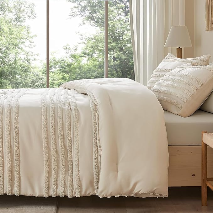 BEDELITE Boho Twin/Twin XL Comforter Set，Beige Tufted Striped Bed Set 2 Pieces, Soft Vintage Farmhouse Comforter for College, Boho Home Dorm Decor, Fluffy Jacquard Bedding with 1 Pillow Sham
