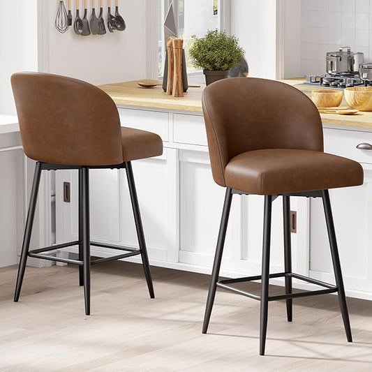 Counter Height Bar Stools Set of 4,360° Swivel Barstools with High Back and Metal Legs,26" Seat Height, Upholstered PU Leather Bar Chairs for Kitchen Island, Dining Room,Cafes,Brown