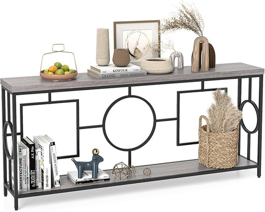 GOFLAME 71” Extra Long Console Table, 2-Tier Faux Wood Entryway Table with Storage Shelf, Geometric Metal Frame, Industrial Accent Table, Narrow Sofa Table for Living Room, Hallway